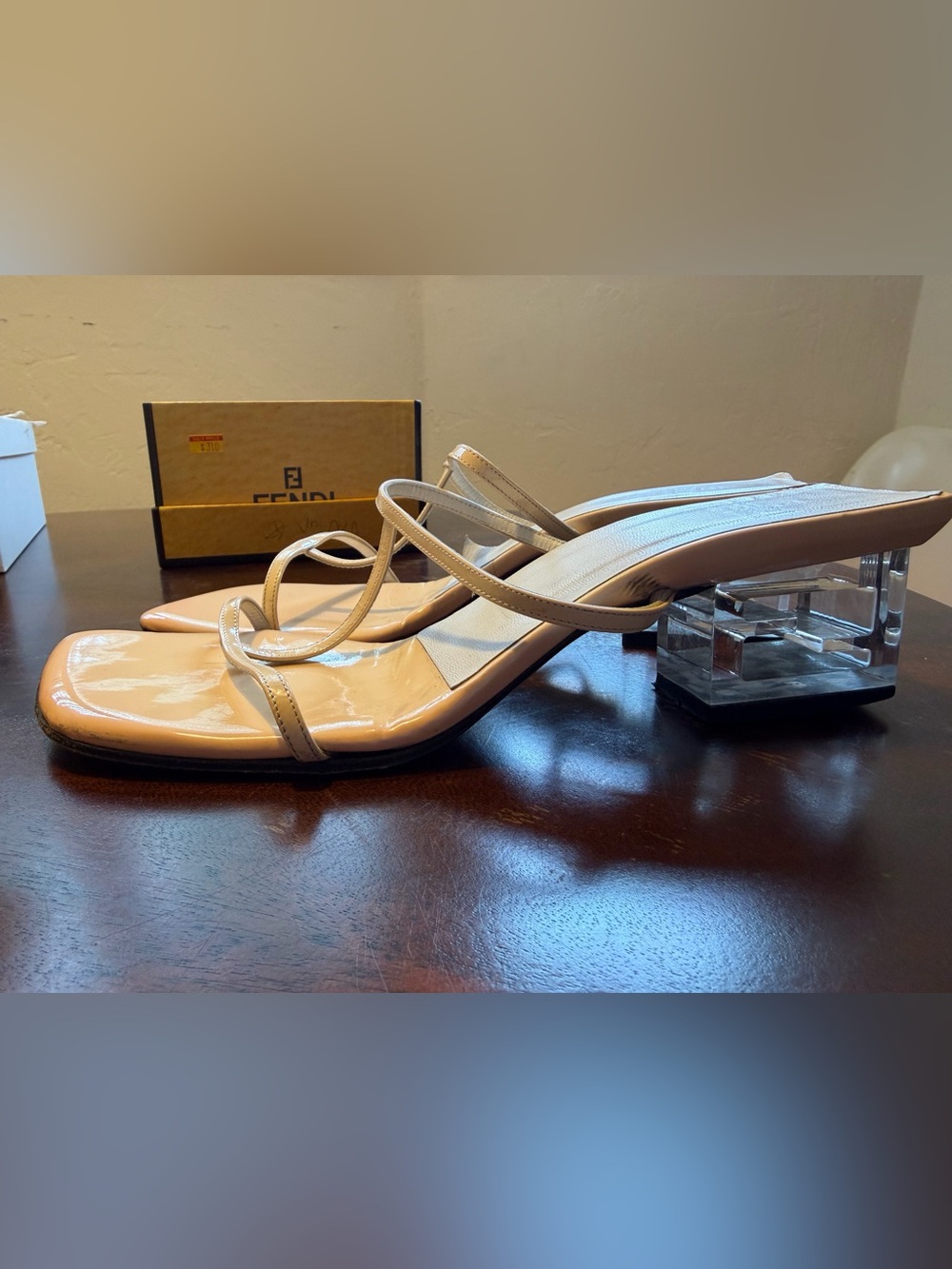Fendi Nude Patent Leather Strappy Clear Block Heel Sandals Vintage Y2K - Picture 8 of 9